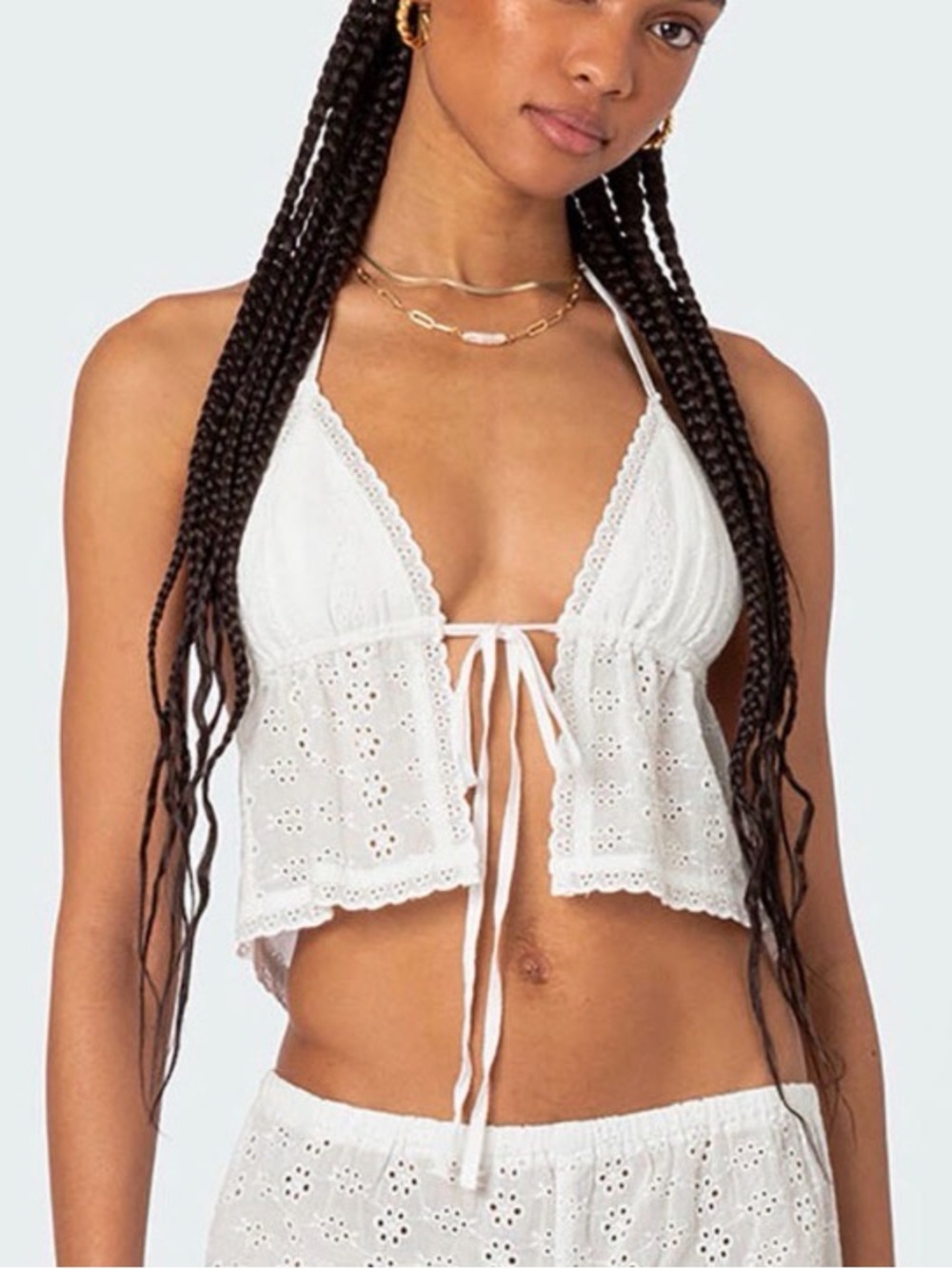 Edikted Jael Tie Front Eyelet Halter Top, M